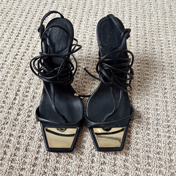 Shoes - Black Strappy Heeled Sandals with Gold Accent